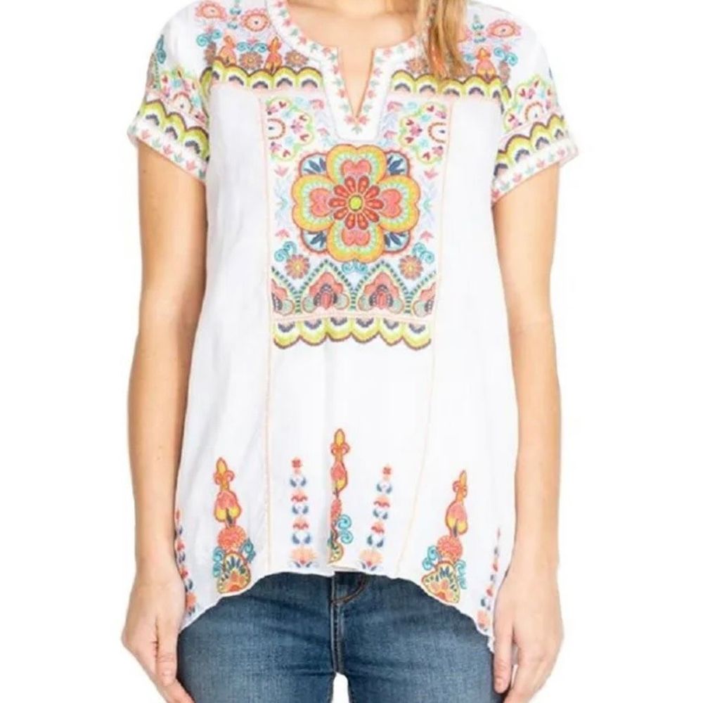 Johnny Was Tamia boho drape embroidered white tunic v neck size large